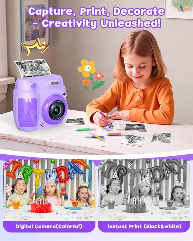 Detalle de Gofunly Kids Camera Instant Print (1080P, 2.4-inch) with 32GB card & 3 paper rolls, Purple