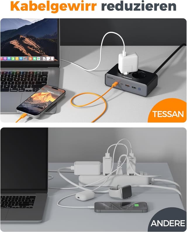 Detalle 2 de TESSAN Mehrfachsteckdose mit USB 6-in-1 (Überspannungsschutz, 4000 W, GaN PD 65 W, 1,5 m)