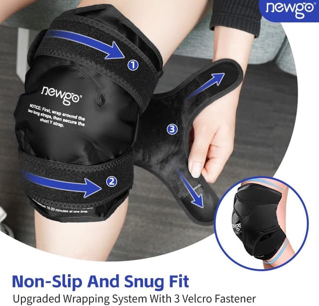 Detalle de NEWGO reusable knee ice pack wrap (2-pack) for post-surgery pain relief, swelling and bruising