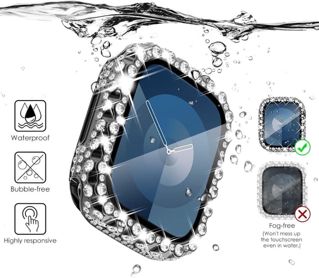 Detalle 2 de Fullife 2 in 1 Waterproof Bling Case for Apple Watch 41mm (Series 7/8/9) – Black lace rhinestone screen protector