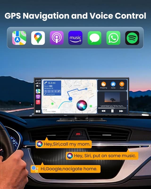 Detalle de 11.5" Wireless CarPlay Screen (Portable) with 4K Dash Cam, 1080p Backup Camera, GPS & Voice Control