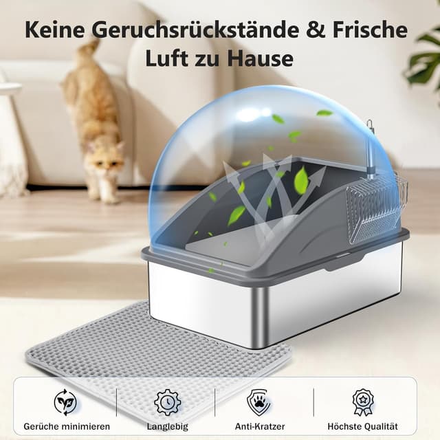 Detalle de FURTIME Katzenklo Edelstahl XXL (35 l), 58×36×33 cm – mit Streuschaufel und Doppelschicht-Matte