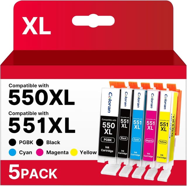 Detalle de Coloran 550 551XL ink cartridges (PGI-550 / CLI-551 XL compatible) for Canon Pixma printers, 5-pack (PGBK/B/C/M/Y)