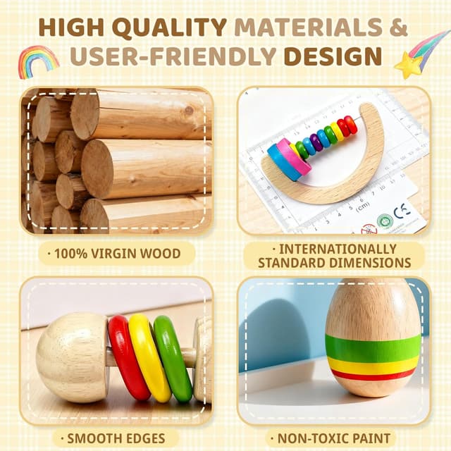 Detalle 2 de Wooden baby rattle set 6-piece for 1 year