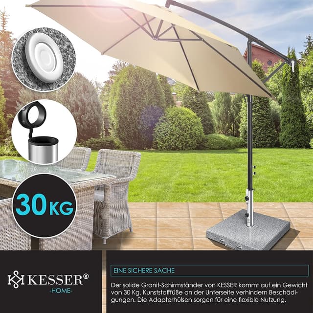 Detalle de KESSER Granit-Sonnenschirmständer mit Edelstahlrohr – quadratischer Sockel (30 kg) für Schirmstöcke 16–48 mm, inkl. Transportgriff, grau