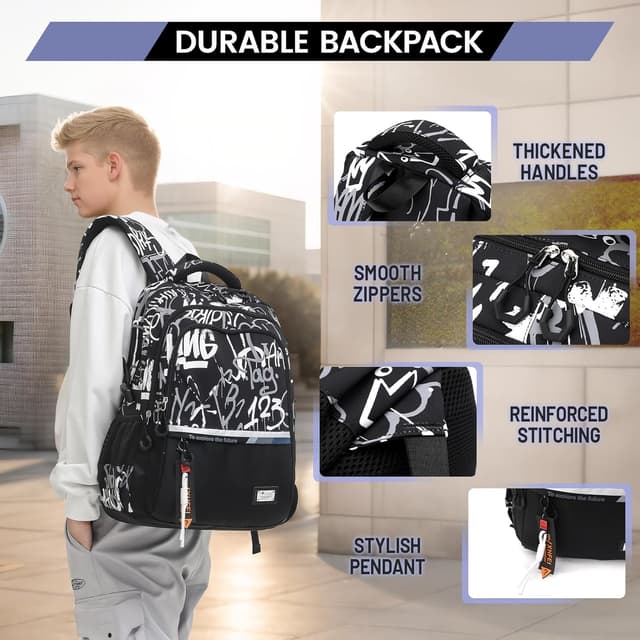 Detalle 2 de Amythe Schulrucksack für Teenager (33 × 20 × 48 cm) – wasserdichter Casual Daypack in Schwarz