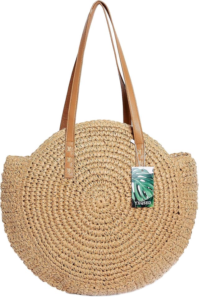 Detalle 2 de YXQSED Round Woven Straw Bag with Zipper, Leather Handles (Large Summer Beach Bag)
