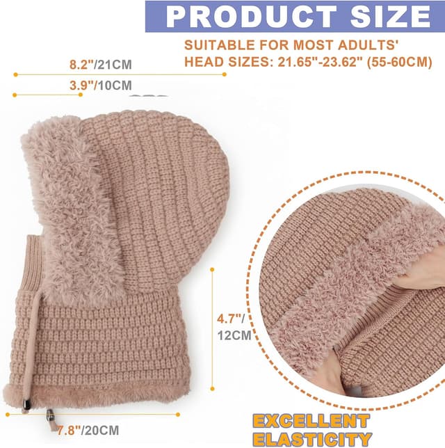 Detalle de DRESHOW Women’s winter balaclava knit hat with drawstring hood scarf – 3-in-1 windproof face cover