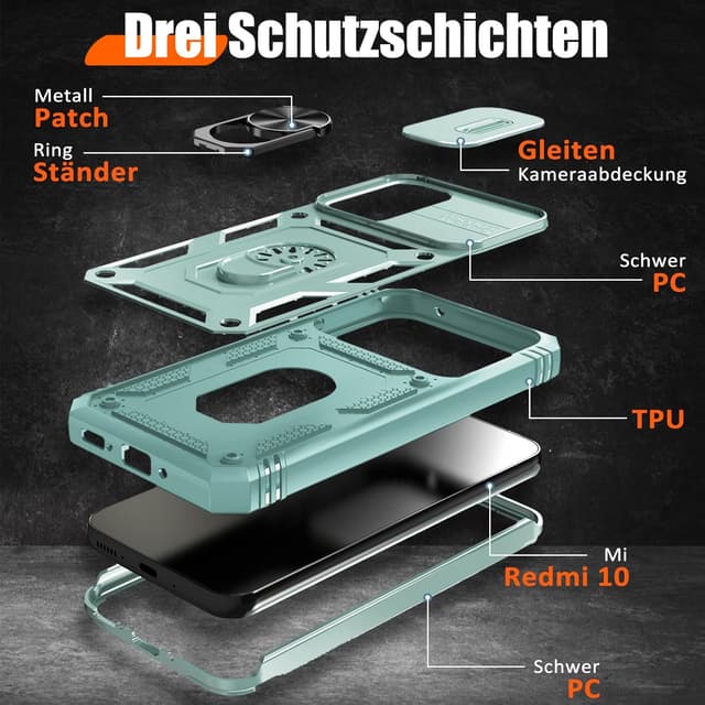 Detalle 2 de Giyer Handyhülle für Xiaomi Redmi 10 mit Schutzfolie – stoßfestes Case mit Kameraschutz, 360° Metallring und Ständer (Minzgrün)