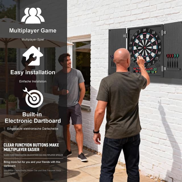 Detalle de CyeeLife Elektronische Dartscheibe mit Holzschrank, LED-Display, 34 Spielen & 355 Varianten (Deutsche Stimme)