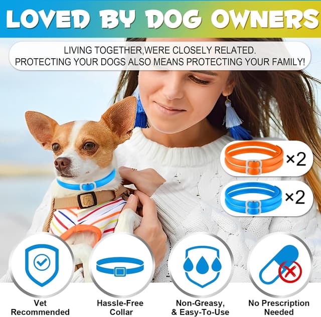 Detalle 2 de Hundehalsband 4er-Set (60 cm) – verstellbar und wasserdicht, 24 Monate Schutz für kleine bis große Hunde (Orange & Blau)