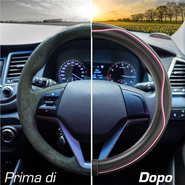 Detalle de Upgrade4cars coprivolante auto universale in finta pelle nero e rosa, diametro 37-38 cm