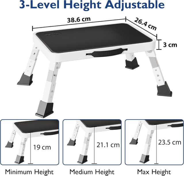 Detalle de BONTEC 3-Level Height Adjustable Step Stool (Foldable, Anti-Slip Platform, Rubber Feet) – White