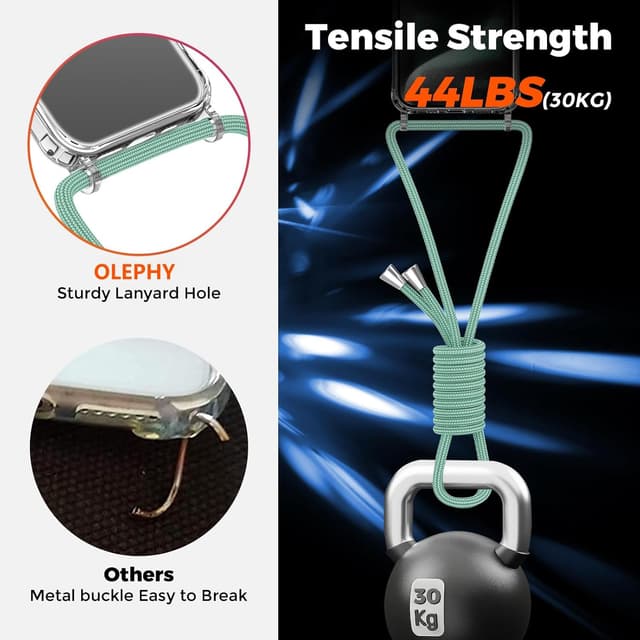 Detalle de Coque avec cordon OLEPHY pour iPhone 15 Pro Max 6,7" (tour de cou ajustable, anti-chocs/anti-rayures) – Vert matcha