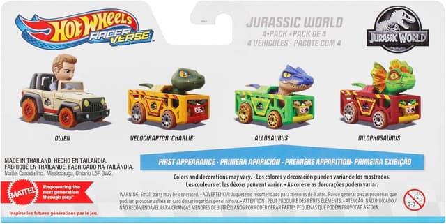 Detalle 2 de Hot Wheels RacerVerse 4er-Pack mit Die-Cast-Fahrzeugen aus Jurassic World (Charlie, Owen, Dilophosaurus, Allosaurus) – HKD32