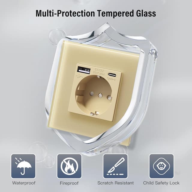 Detalle 2 de BSEED Glas-Steckdose mit 20W USB-C Schnellladegerät (20W), 3-in-1 Unterputz – 86 mm, 1-fach, Gold