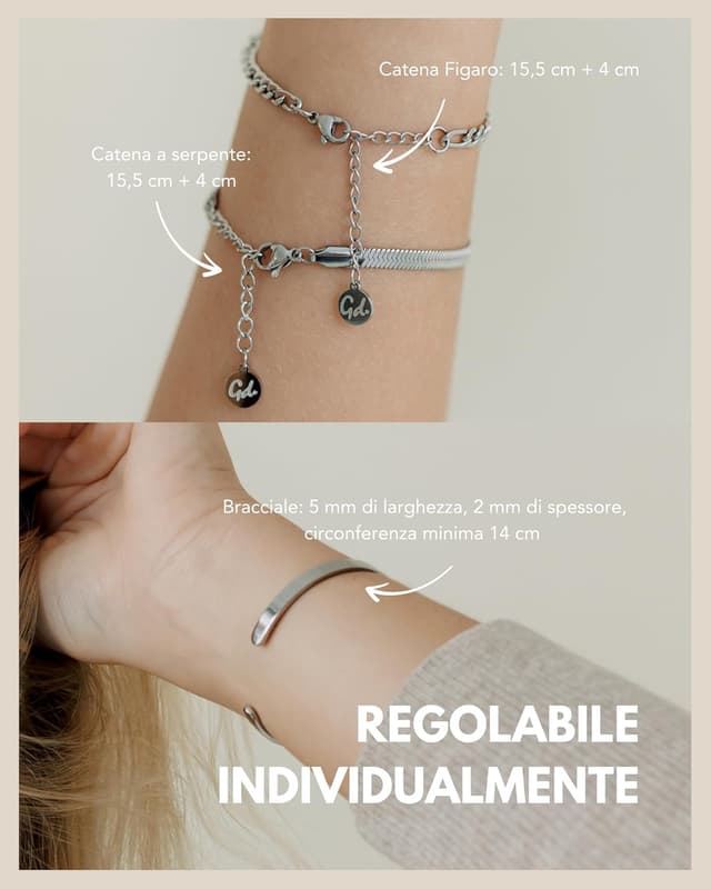 Detalle de Set di 3 bracciali da donna in acciaio 316L regolabili (oro, argento o oro rosa) con bracciale a serpente, a maglie e rigido