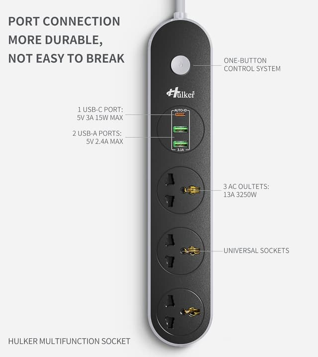 Detalle 2 de Hulker Extension Lead 3-way with 3 USB ports 1.6 m 🪫
