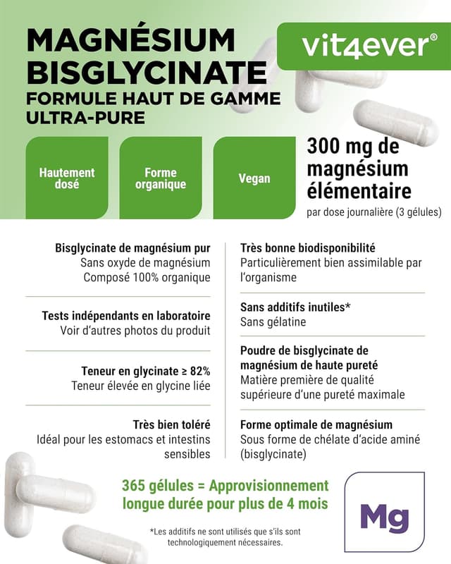 Detalle de Bisglycinate de magnésium 300 mg (3 gélules/jour) – 365 gélules, vegan