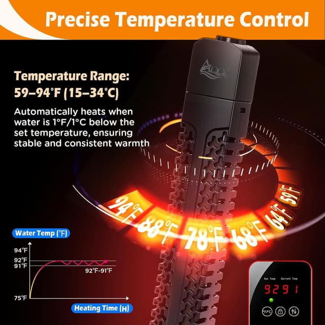 Detalle 2 de AQQA Aquarium Heater 500W with external LED thermostat controller (quartz, submersible) for 200–500L tanks