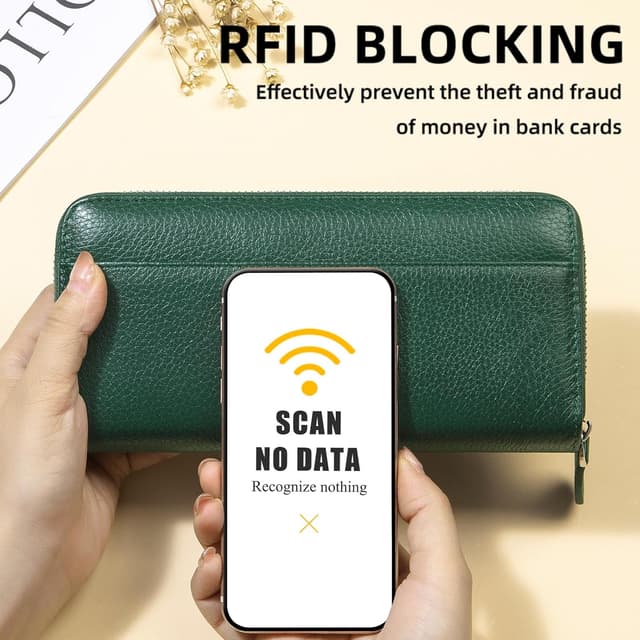 Detalle de SCHLATUM RFID Blocking Women’s Zipper Wallet in Green-dark – Large Capacity Leather Billfold Clutch