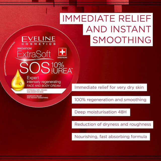 Detalle de Eveline Cosmetics Extra Soft SOS 10% Urea Intensiv Gesichts- & Körpercreme mit bioHYALURON PLUS Complex (175 ml)