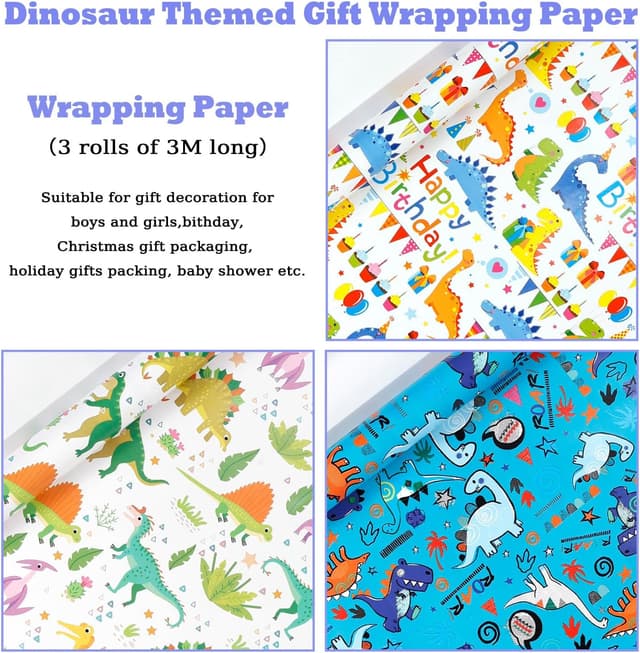 Detalle de 3 Rolls Dinosaur Wrapping Paper (43cm x 3m) — Kids Recyclable Gift Wrap for Birthday, Baby Shower & Parties