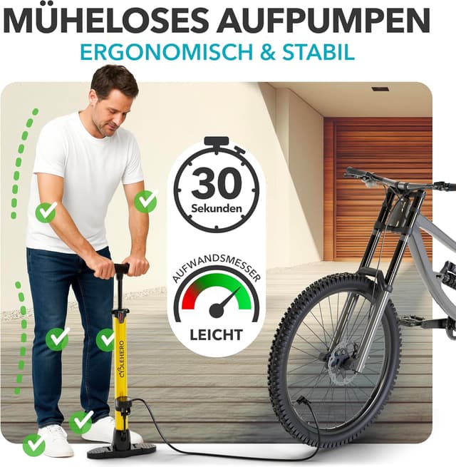 Detalle de CYCLEHERO Fahrradpumpe alle Ventile mit Manometer – Standpumpe bis 160 PSI (11 bar) und 10 Jahre Garantie