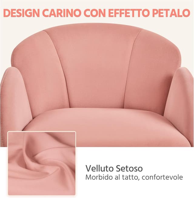 Detalle 2 de Yaheetech sedia ufficio poltroncina in velluto imbottita reclinabile rosa chiaro, altezza regolabile con ruote