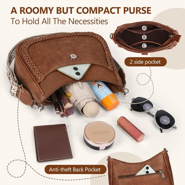 Detalle de RAINSMORE sac bandoulière femme en cuir PU, bandoulière large réglable et amovible, multiples poches (brun)