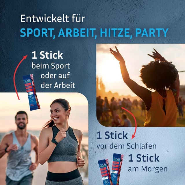 Detalle de GOOD Hydration® Rehydration Booster WALDBEERE – Elektrolyt-Pulver ohne Zucker mit 1.450 mg pro Stick (24 Sticks)