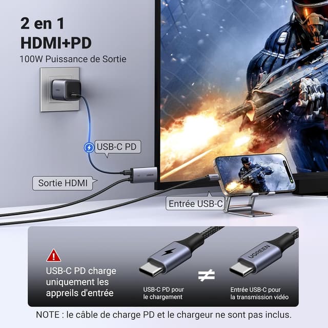 Detalle de UGREEN Câble USB‑C vers HDMI 4K 60 Hz (18 Gbps) avec PD 100W et prise en charge HDR/Dolby