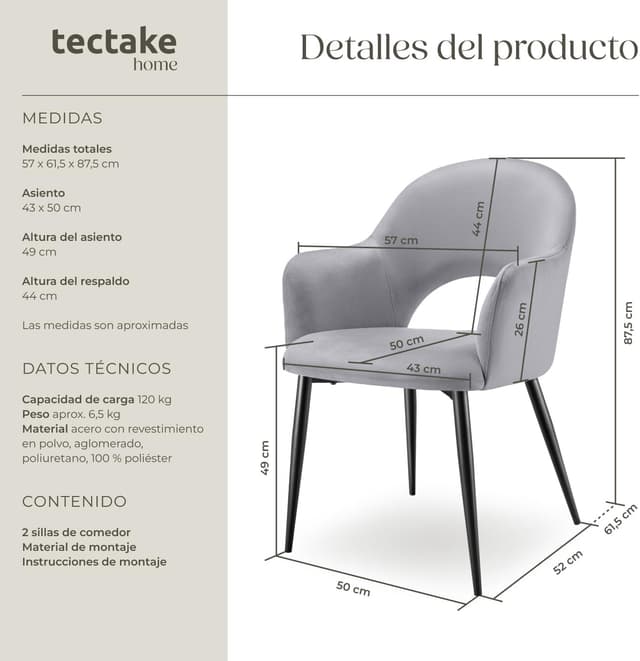 Thumbnail 2 de tectake sillas comedor elegantes gris claro