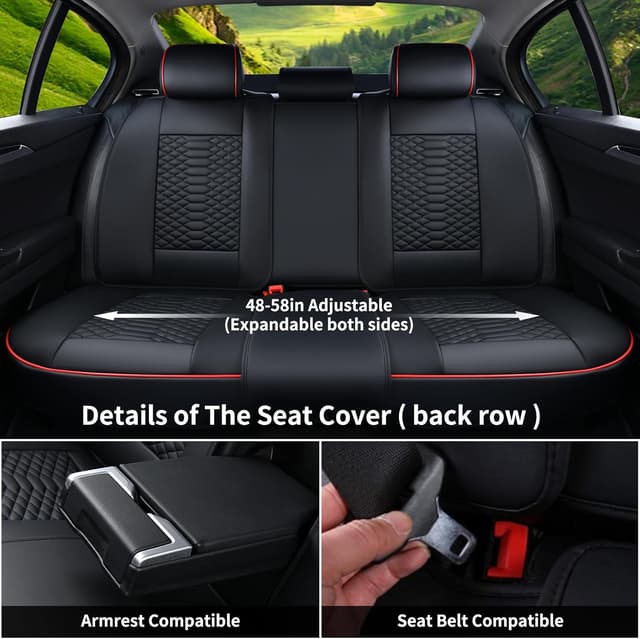 Detalle de Coverado Coverado Seat Covers Full Set (Waterproof Nappa Leather), Universal 5-Seat Car Protectors for Most Cars—Black & Red