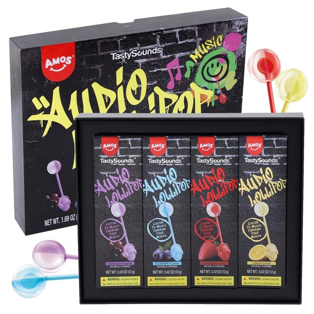 Detalle de AMOS Musik-Lutscher Audio Lollipop 4er-Set (Erdbeere, Traube, Blaubeere, Zitrone) – zuckerfrei, glutenfrei, einzeln verpackt
