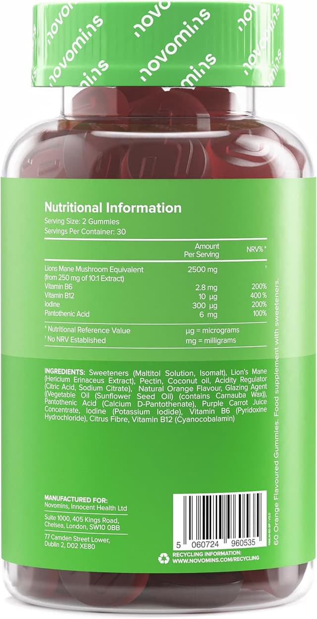 Detalle de Gommes Lion’s Mane Novomins – Extrait 2500 mg + vitamines B6/B12 et iode (60 gommes) sans sucre