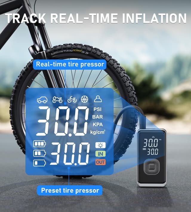 Detalle 2 de Portable Tire Inflator Air Compressor (Cordless, 150 PSI) with Digital Pressure Display and LED Light