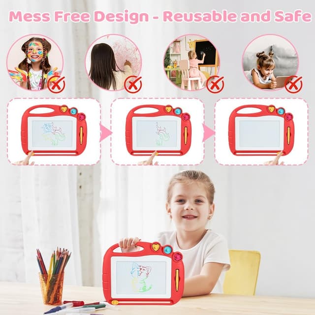 Detalle 2 de OFFCUP Magnetic Drawing Board for Toddlers (Red) – Portable doodle pad with pen and stamps, ages 1+