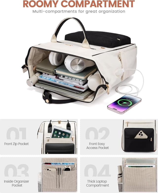 Detalle de LOVEVOOK Sac à dos femme 15,6 pouces anti-vol, 20 L, étanche et pliable pour voyage/travail (noir)