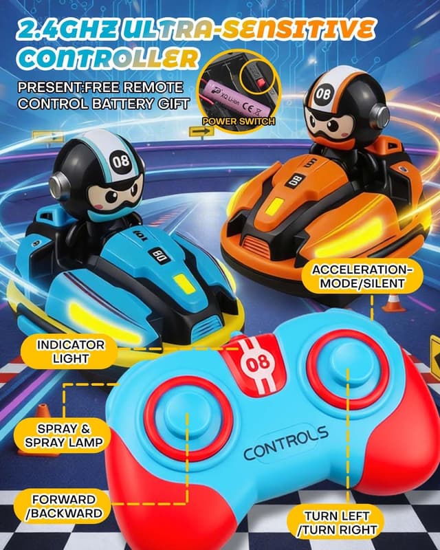Detalle 2 de Victoper 2 Pack RC Bumper Cars for Kids with Spray, LED Lights, Music and 360° Control