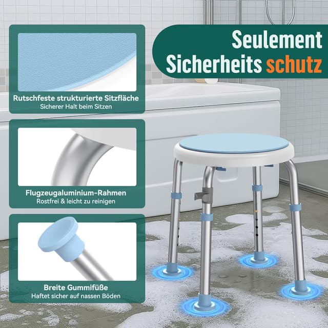 Detalle de Luckfaith LC01 360° drehbarer, höhenverstellbarer Duschstuhl aus Aluminium (rutschfester Duschhocker)