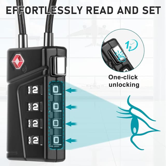 Thumbnail 6 de Diyife TSA008 Gepäckschloss mit TSA-Schließzylinder, 4-stelligem Zahlencode und Alarmanzeige – 2er-Set (Schwarz)