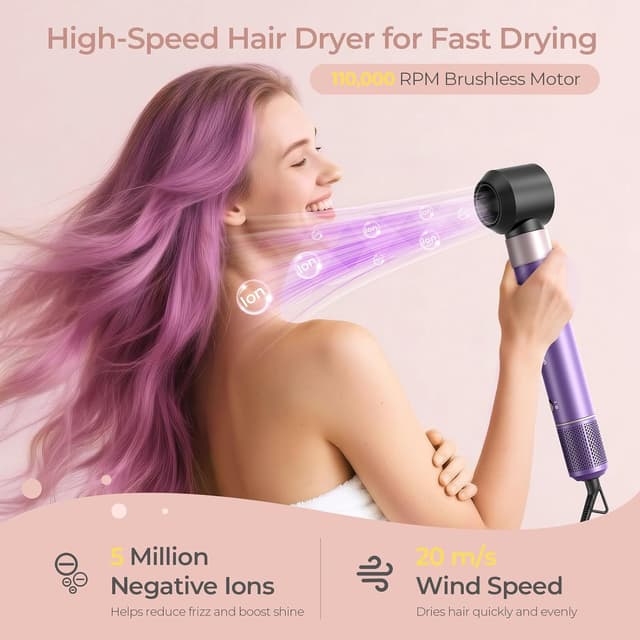 Detalle de Vincofy 7-in-1 Hair Dryer Brush and Hair Styler Set (Purple) — Fast Drying, Curling, Straightening & Volumizing