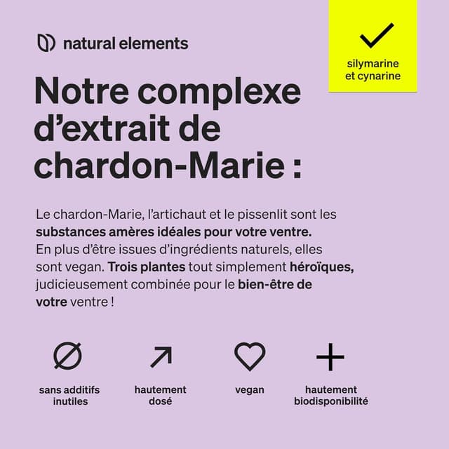 Detalle de Complexe chardon Marie, pissenlit et artichaut Natural Elements – 120 gélules (4 mois), vegan