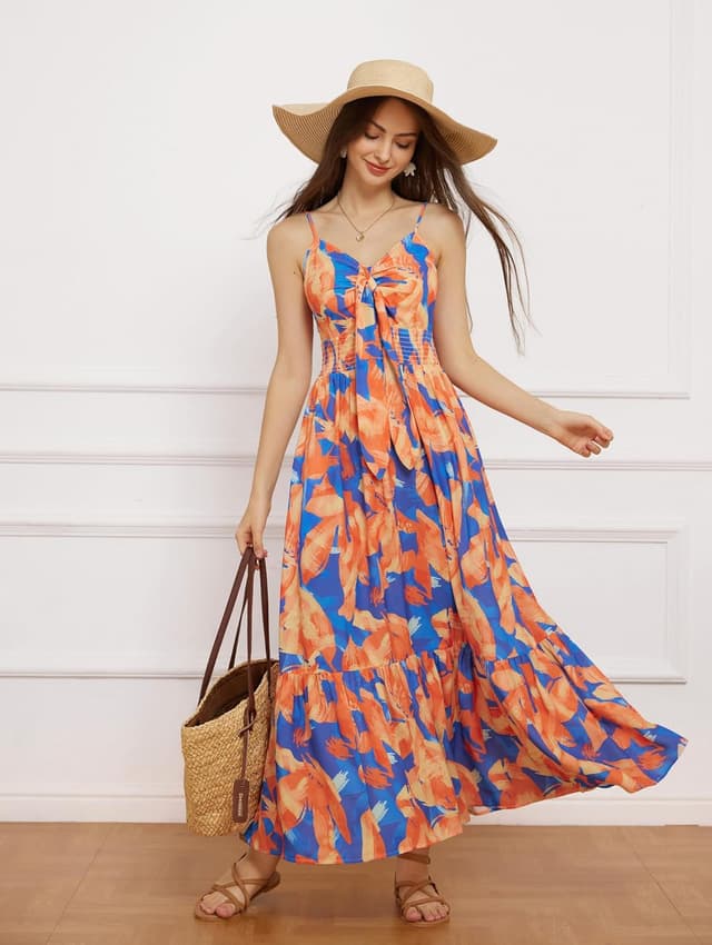 Detalle 2 de GRACE KARIN Womens Summer Floral Maxi Dress with Tie-Front and Pocket (2026 Long Flowing Boho Style)