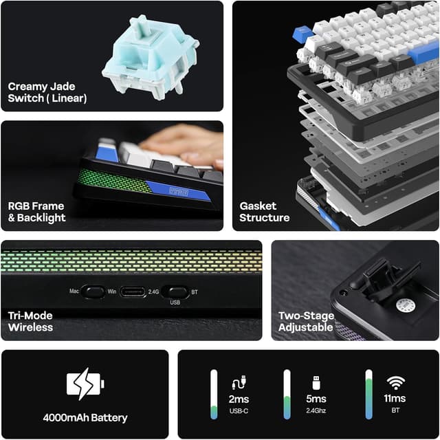 Detalle de EPOMAKER TH85 QMK/VIA Wireless Gaming Keyboard (Tri-Mode, Hot-Swappable, Creamy Jade Linear Switches)