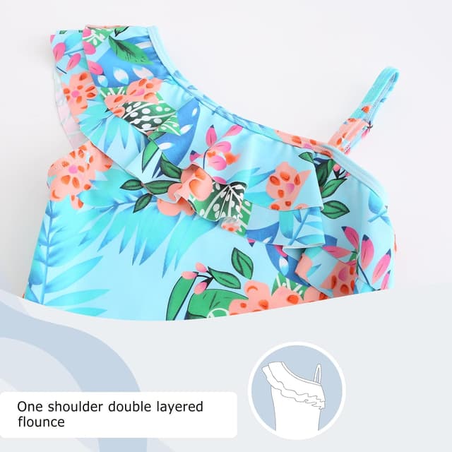 Detalle de Einteiliger Badeanzug für Mädchen mit Hawaiian-Print und Rüschen-Optik