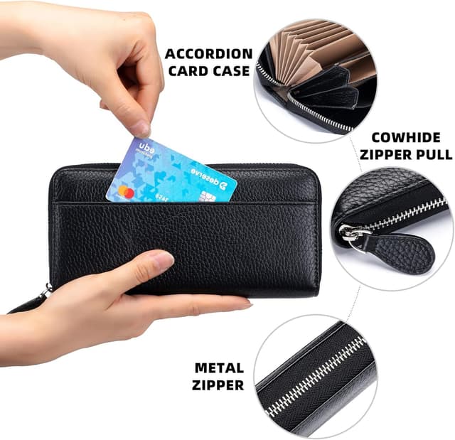 Detalle de SCHLATUM RFID Blocking Women’s Zipper Wallet in Black – Large Capacity Real Leather Zip-Around Billfold