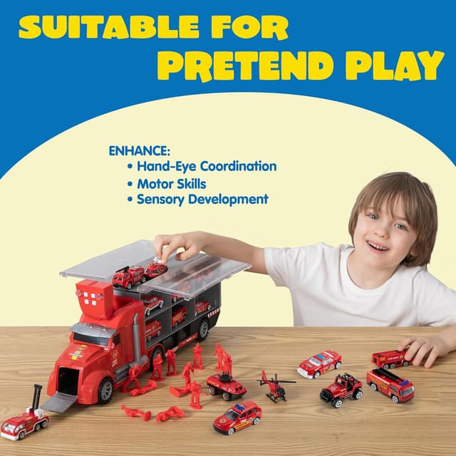 Detalle 2 de JOYIN 25 in 1 Fire Engine Truck Vehicle Toy Set with carrier truck, sounds & lights