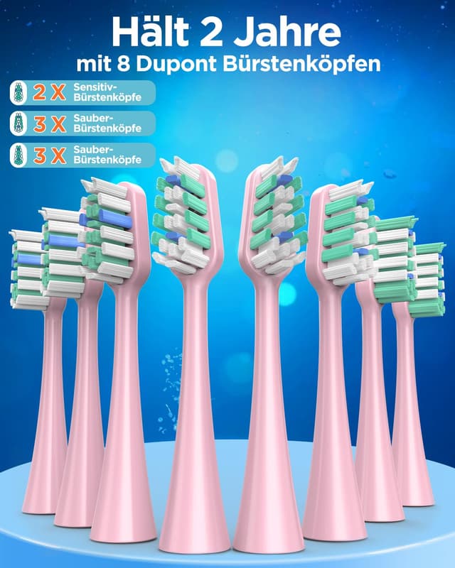Detalle de Elektrische Schallzahnbürste für Erwachsene und Kinder mit 5 Putzmodi, Timer und 8 Bürstenköpfen